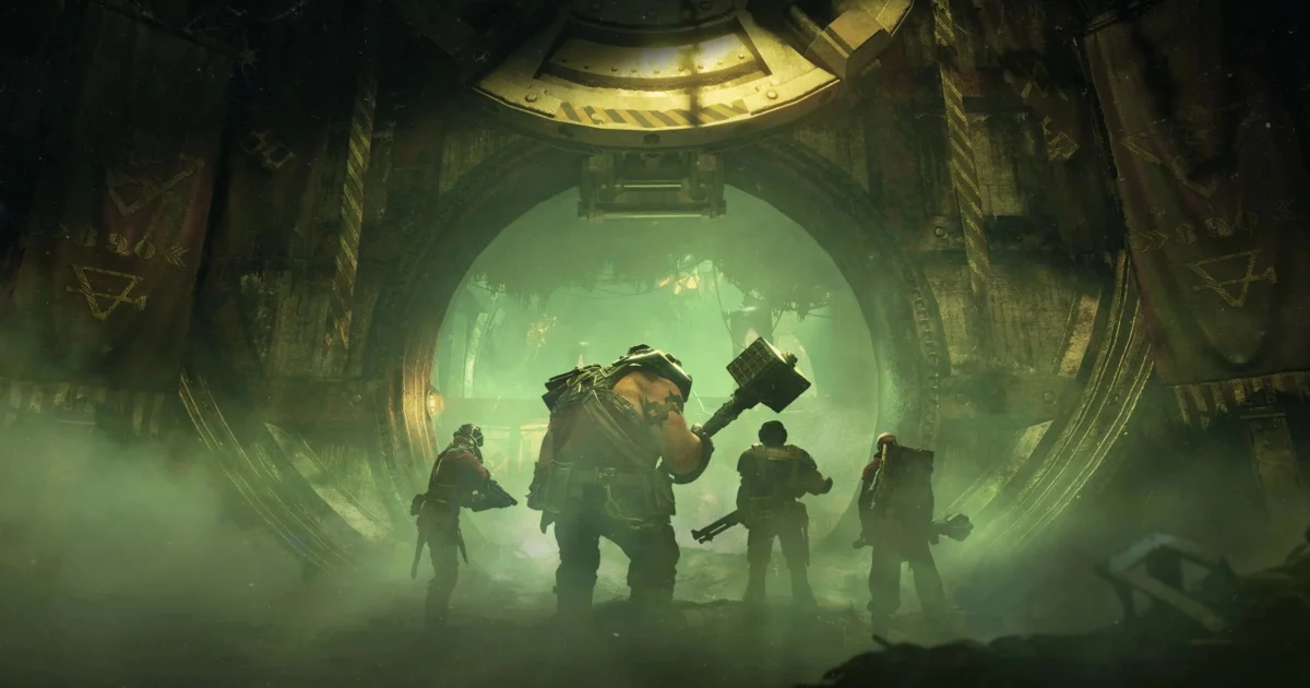 Official Warhammer 40,000: Darktide key art — strike team facing a green-lit vault for the Depths of the Damned free update