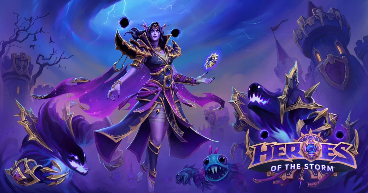 Heroes of the Storm official key art for Xal'atath Patch 57 Void-themed Nexus scene
