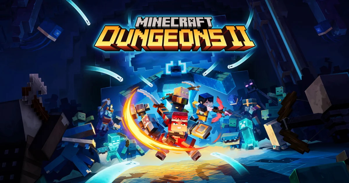 Official Minecraft Dungeons II key art showing four heroes fighting mobs in a dungeon