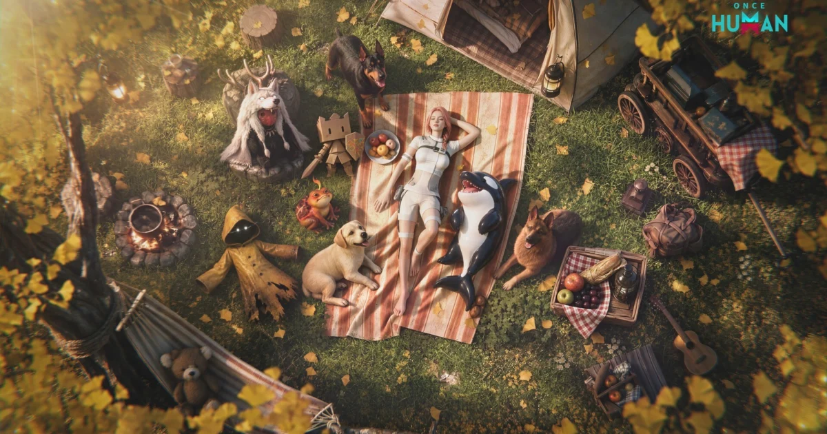 Once Human Golden Autumn official key art showing Metas camping with dog Deviations