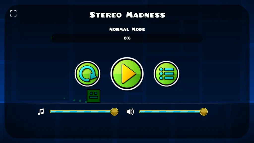 Pause menu of the official Geometry Dash web demo, showing Stereo Madness in Normal Mode at 1%, with restart, resume, menu buttons and music and sound sliders