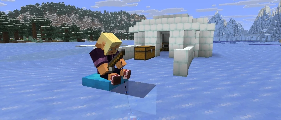 Minecraft player sitting on a blue ice Cold Sulfur Cube on frozen water next to an igloo while fishing