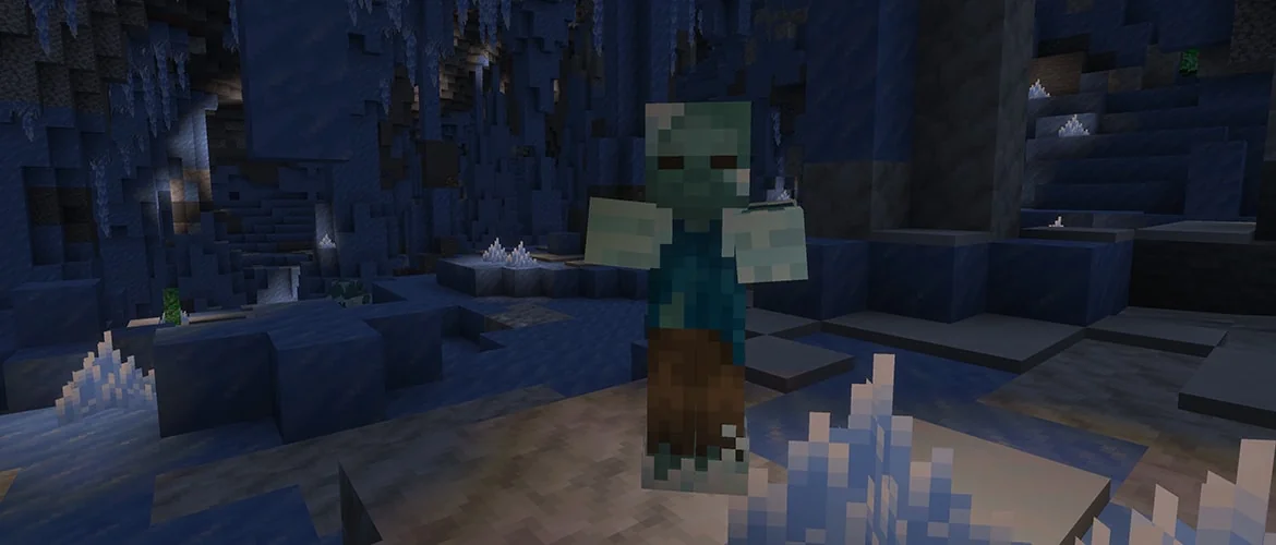 Minecraft Frostbite frozen zombie standing in an ice cave with ice crystals