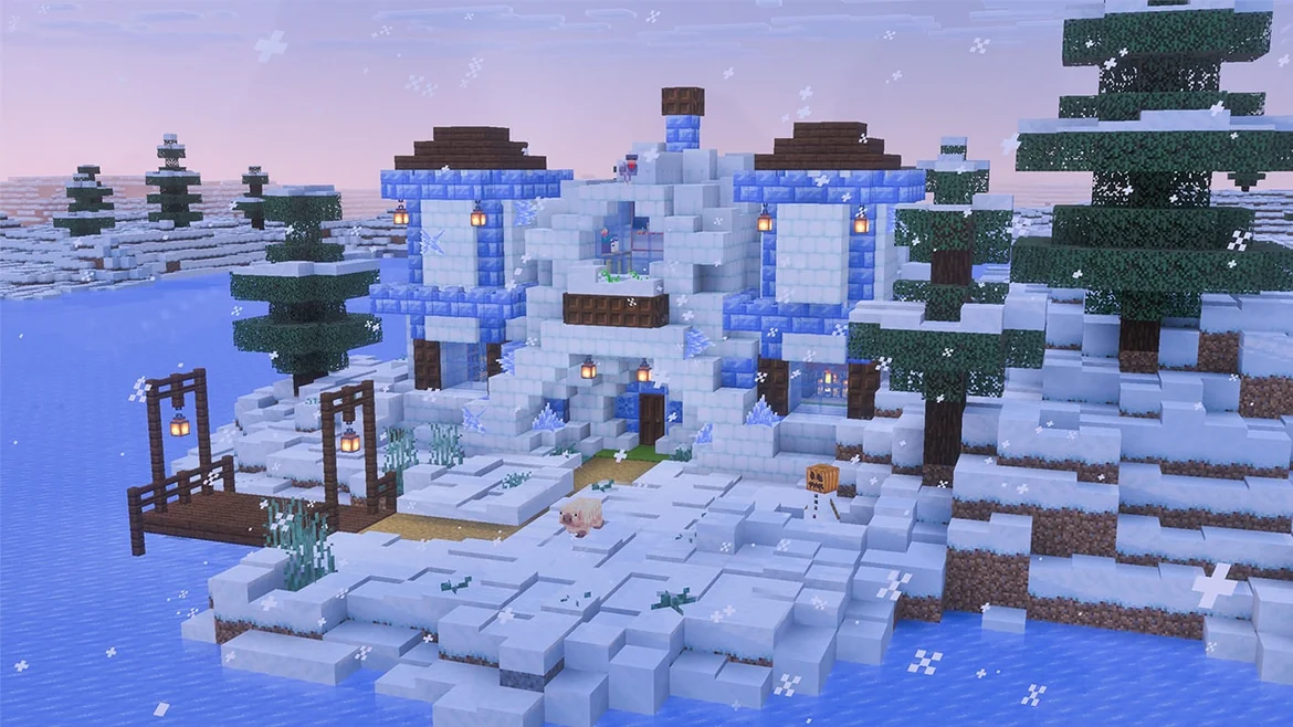 Minecraft snow brick and packed ice brick houses on a snowy island from the winter game drop