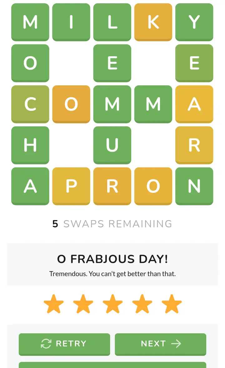 Solved Waffle archive puzzle 100 showing MILKY, COMMA and APRON, 5 swaps remaining and five gold stars