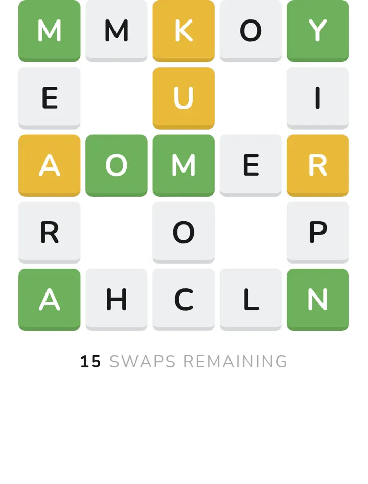 Waffle archive puzzle 100 at the start, with green, yellow and white letter tiles and 15 swaps remaining